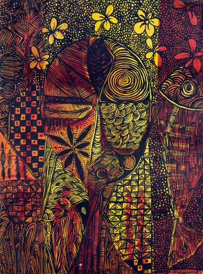 'Night Romance' - Expressionist Painting of a Woman with Intricate Motifs