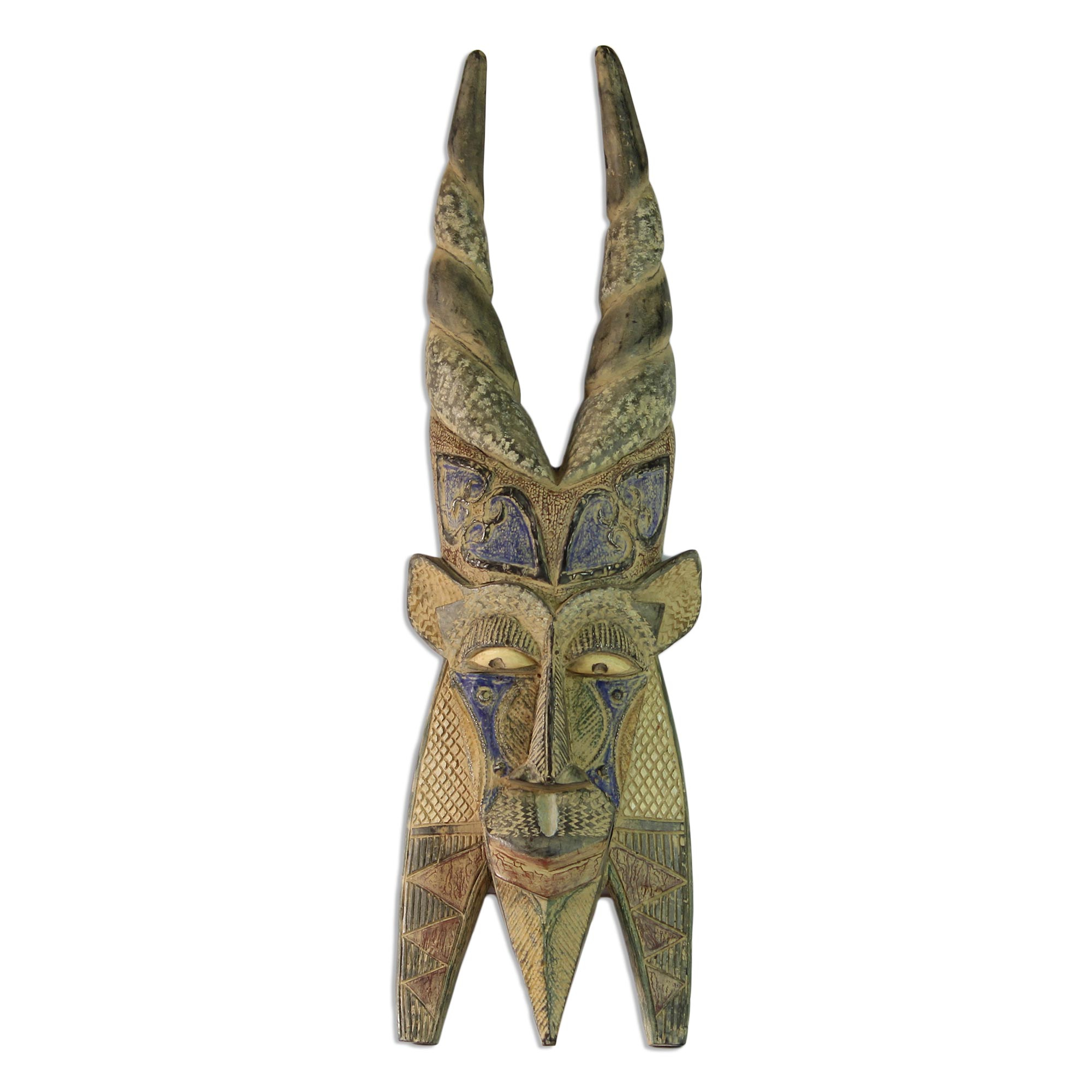 Rustic African Wood Mask with Horns from Ghana - Powerful Horns | NOVICA