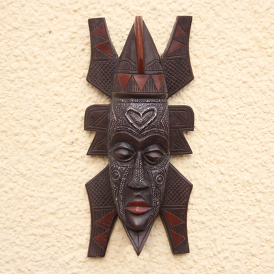 African wood mask, 'Warm Heart' - African Sese Wood and aluminium Plated Mask