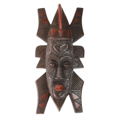 African wood mask, 'Warm Heart' - African Sese Wood and aluminium Plated Mask
