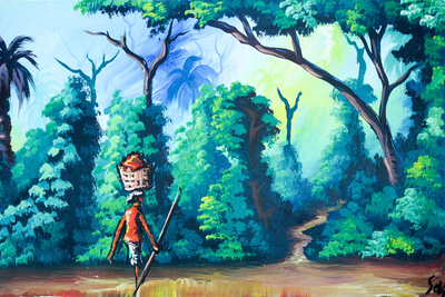 „Zurück nach Hause“. - Signierte expressionistische Waldlandschaftsmalerei aus Ghana