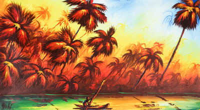 'Sun Set in Africa' - Signed Expressionist Palm Tree Painting from Ghana
