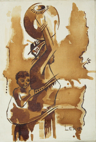 Brown Expressionist Painting of an African Mother from Ghana