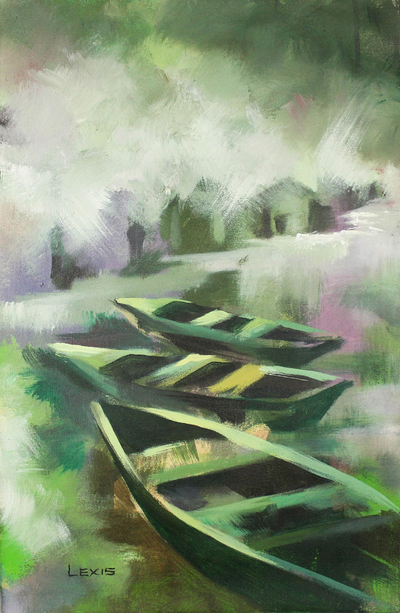 Impressionist Painting of Boats in Green from Ghana
