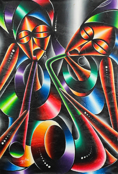 'Dúo musical' - Pintura expresionista de músicos africanos de Ghana