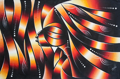 'Focus' - Signed Abstract Painting in Orange from Ghana