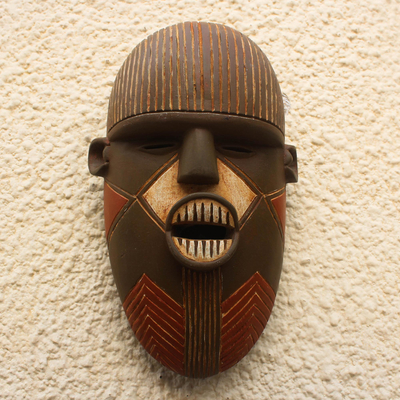 African wood mask, 'Luena' - Hand-Carved African Wood Mask with Pointy Teeth from Ghana