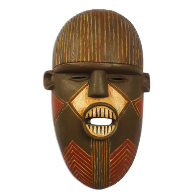 Hand-Carved African Wood Mask with Pointy Teeth from Ghana