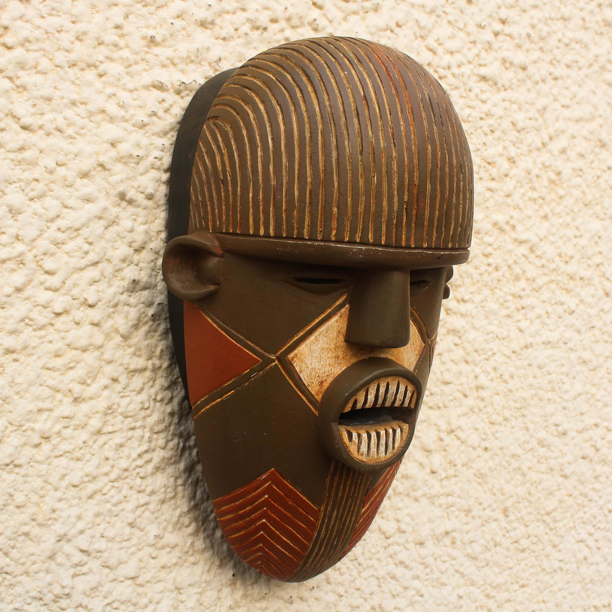 Hand Carved African Wood Mask With Pointy Teeth From Ghana Luena Novica