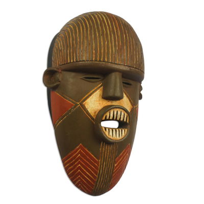 African wood mask, 'Luena' - Hand-Carved African Wood Mask with Pointy Teeth from Ghana