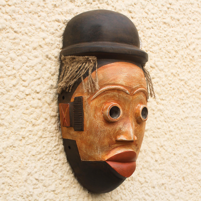 Máscara de madera africana - Máscara de madera africana tallada a mano con sombrero de Ghana