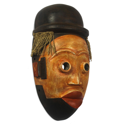 Máscara de madera africana - Máscara de madera africana tallada a mano con sombrero de Ghana