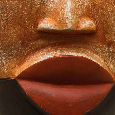 African wood mask, 'Ogoni Face' - Hand-Carved African Wood Mask with a Hat from Ghana