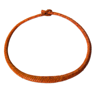 Braided Leather Necklace in Saffron from Ghana