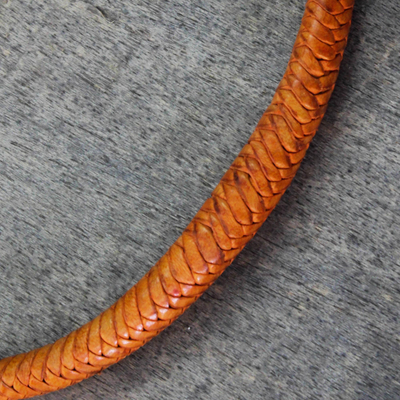 Braided leather necklace, 'Mpusia in Saffron' - Braided Leather Necklace in Saffron from Ghana