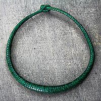 Collar de cuero trenzado, 'Mpusia in Viridian' - Collar de cuero trenzado en Viridian de Ghana