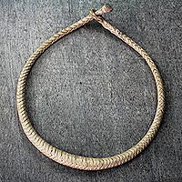 Braided leather necklace, 'Mpusia in Ecru'