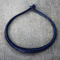 Leather braided necklace, 'Mpusia in Blue'
