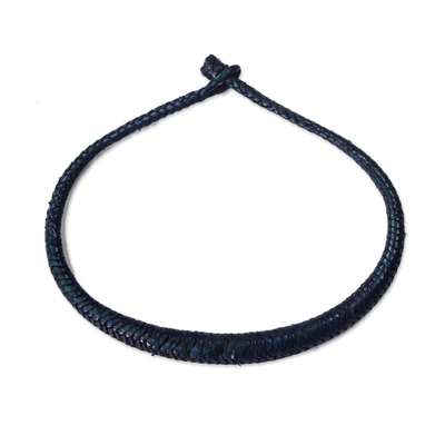 Leather braided necklace, 'Mpusia in Black' - Braided Leather Necklace in Black from Ghana