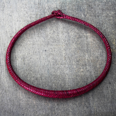 Braided leather necklace, 'Mpusia in Magenta' - Braided Leather Necklace in Magenta from Ghana
