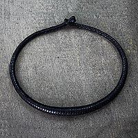Braided leather necklace, 'Mpusia in Black'