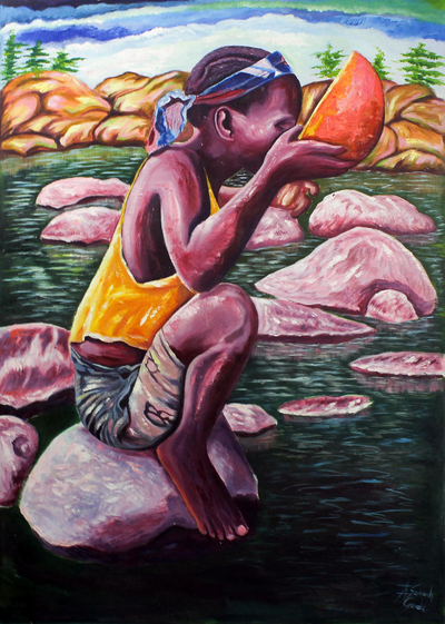 'Lösche deinen Durst - Signiertes expressionistisches Gemälde eines aus Ghana trinkenden Mädchens
