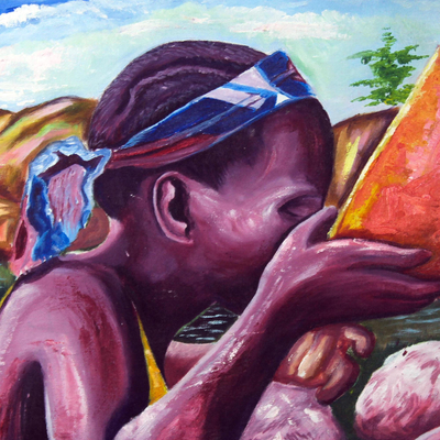 'Quench Your Thirst' - Signed Expressionist Painting of a Girl Drinking from Ghana