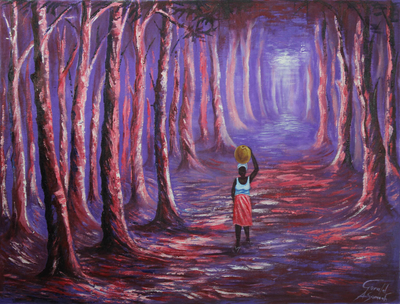 'Bright Path' - Expressionist Painting of a Forest in Purple from Ghana
