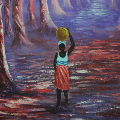 'Bright Path' - Pintura expresionista de un bosque en morado de Ghana