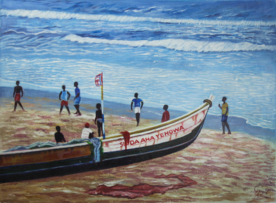 'At the Beach' - Signed Beachside Expressionist Painting from Ghana