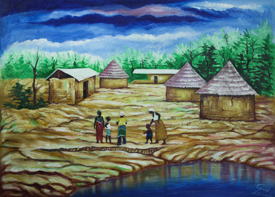 'Village Life' - Expressionist Village Landscape Painting from Ghana