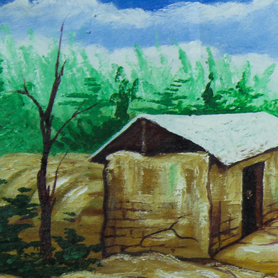 'Village Life' - Expressionist Village Landscape Painting from Ghana