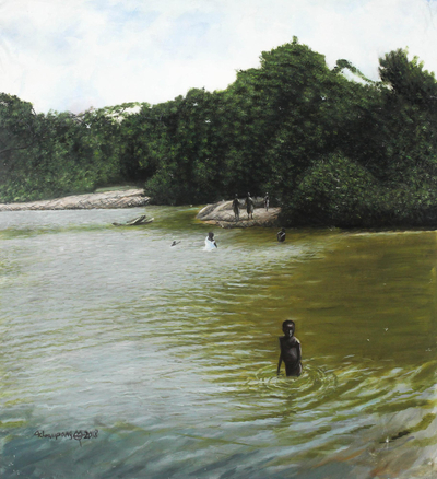 'The Still Water' - Signed Impressionist River Scene Painting from Ghana