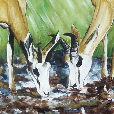 'Unity is Strength' - Signed Realist Painting of Two Antelope from Ghana