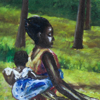 'No Food for Lazy Woman' - Impressionist Painting of a Woman Cycling Home from Ghana
