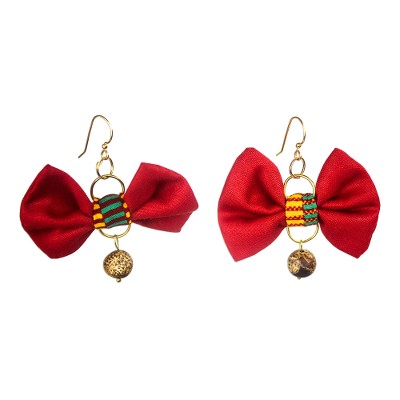 Cotton dangle earrings, 'Lovely Ties' - Red Bow Earrings with Brass Hooks from Ghana