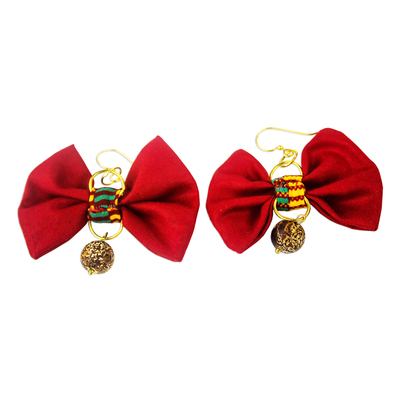 Cotton dangle earrings, 'Lovely Ties' - Red Bow Earrings with Brass Hooks from Ghana