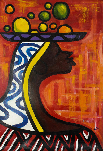 'La fuerza de una mujer' - Pintura expresionista de una mujer africana de Ghana
