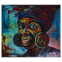 'Tease Me' - Pintura expresionista de una mujer con aretes de Ghana