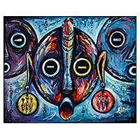 'Healing Mask with Earrings' - Signed Expressionist Painting of African Masks from Ghana