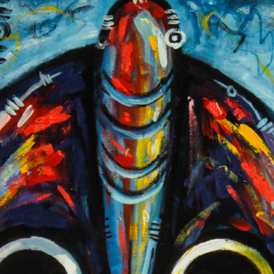 'Healing Mask with Earrings' - Signed Expressionist Painting of African Masks from Ghana