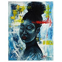 'Meditation Soul' - Blue Expressionist Painting of a Meditating Woman from Ghana