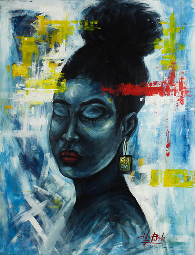 Blue Expressionist Painting of a Meditating Woman from Ghana