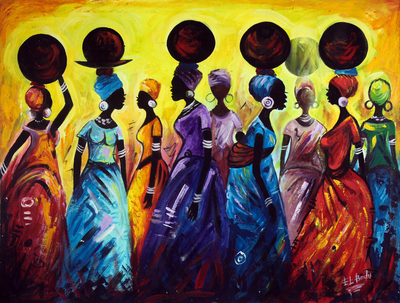'Madres trabajadoras de África' (2019) - Pintura expresionista colorida de mujeres africanas (2019)