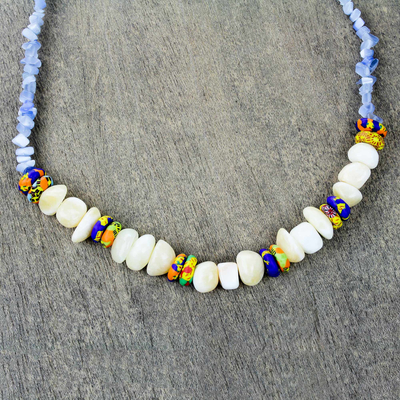 Agate and recycled glass beaded necklace, 'Eco Rejoice' - Agate and Recycled Glass Beaded Necklace from Ghana