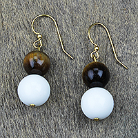 Tiger's eye and recycled glass beaded dangle earrings, 'Jungle Glory' - Tiger's Eye and Recycled Glass Beaded Dangle Earrings