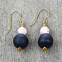 Agate and recycled glass beaded dangle earrings, 'Eco Serenity' - Agate and Black Recycled Glass Beaded Dangle Earrings