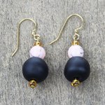 Agate and recycled glass beaded dangle earrings, 'Eco Serenity' - Agate and Black Recycled Glass Beaded Dangle Earrings