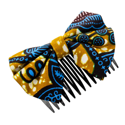 Cotton hair comb, 'Blue Foliage' - Blue and Caramel Cotton Bow and Recycled Plastic Hair Comb