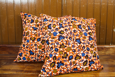 Cotton cushion covers, 'Vine colours' (pair) - Vine Motif Cotton Cushion Covers from Ghana (Pair)
